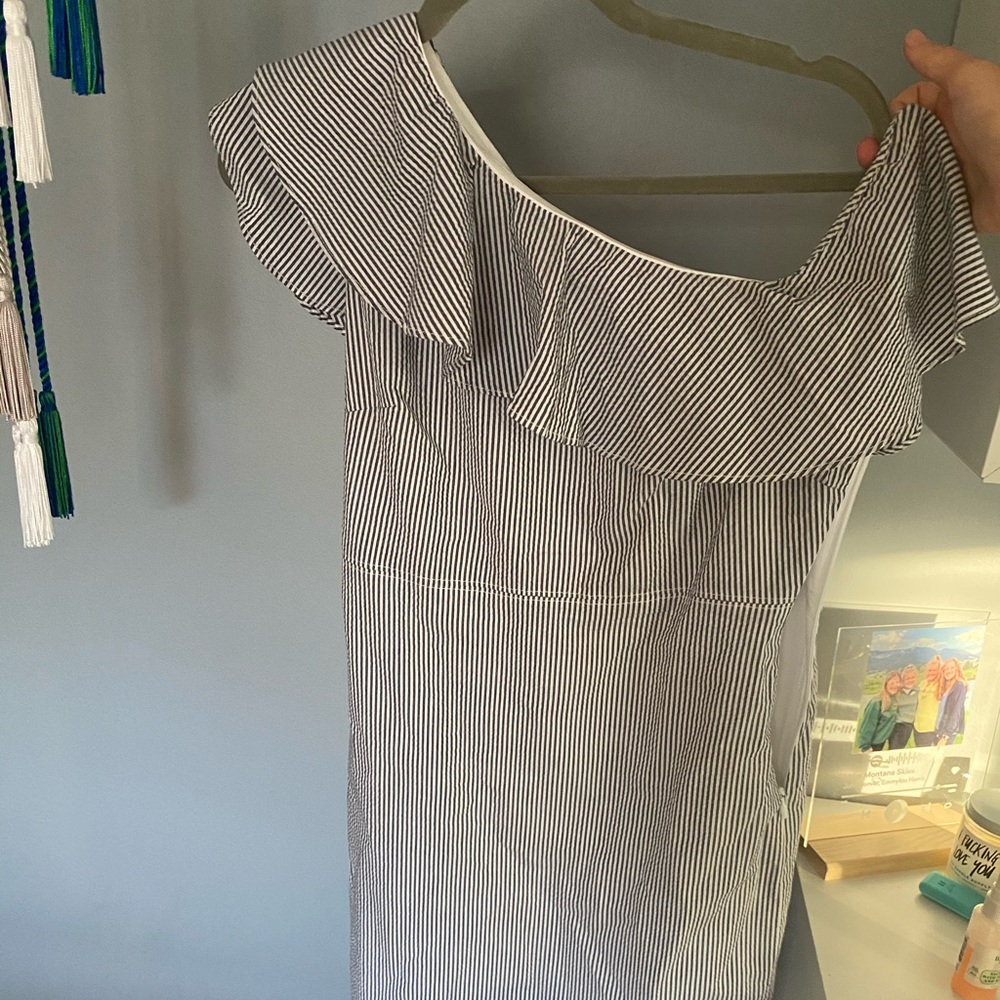 MIDI Blue/White Striped One Shoulder Dress